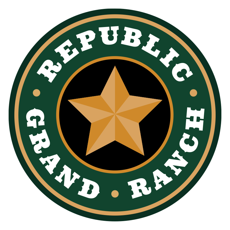 Logo for the REPUBLIC GRAND RANCH featuring a gold star in the center, surrounded by green and gold circular text.