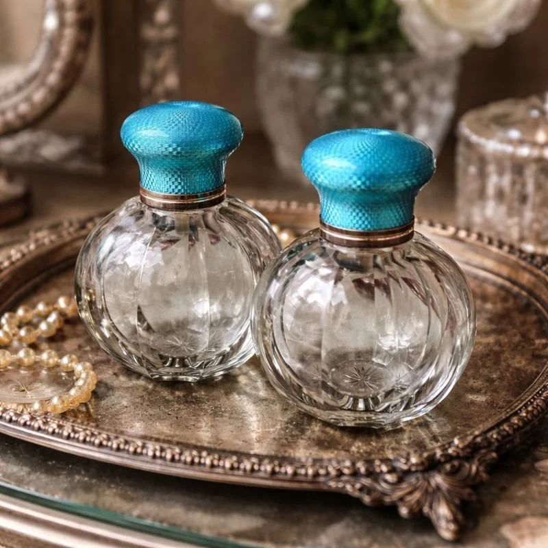 Set of 2 French Turquoise Enamel, Silver & Crystal Perfume Bottles