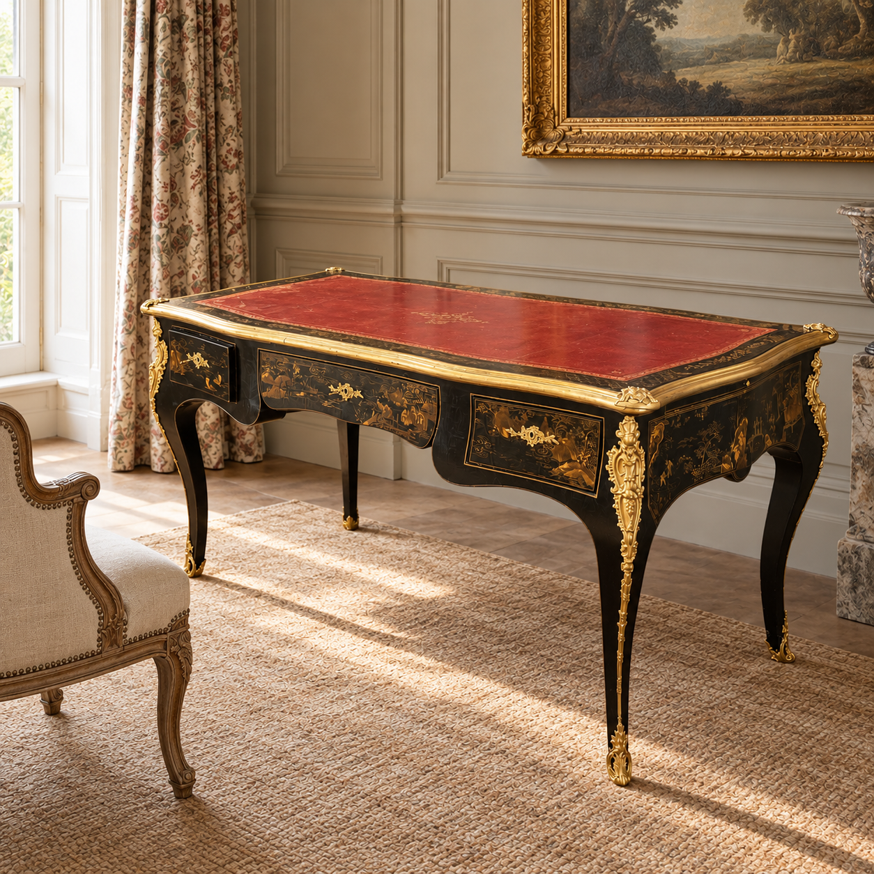 Louis XV Style Black Lacquer Bureau Plat