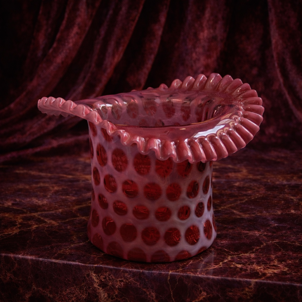 Cranberry & White Overlay Glass Top Hat Vase