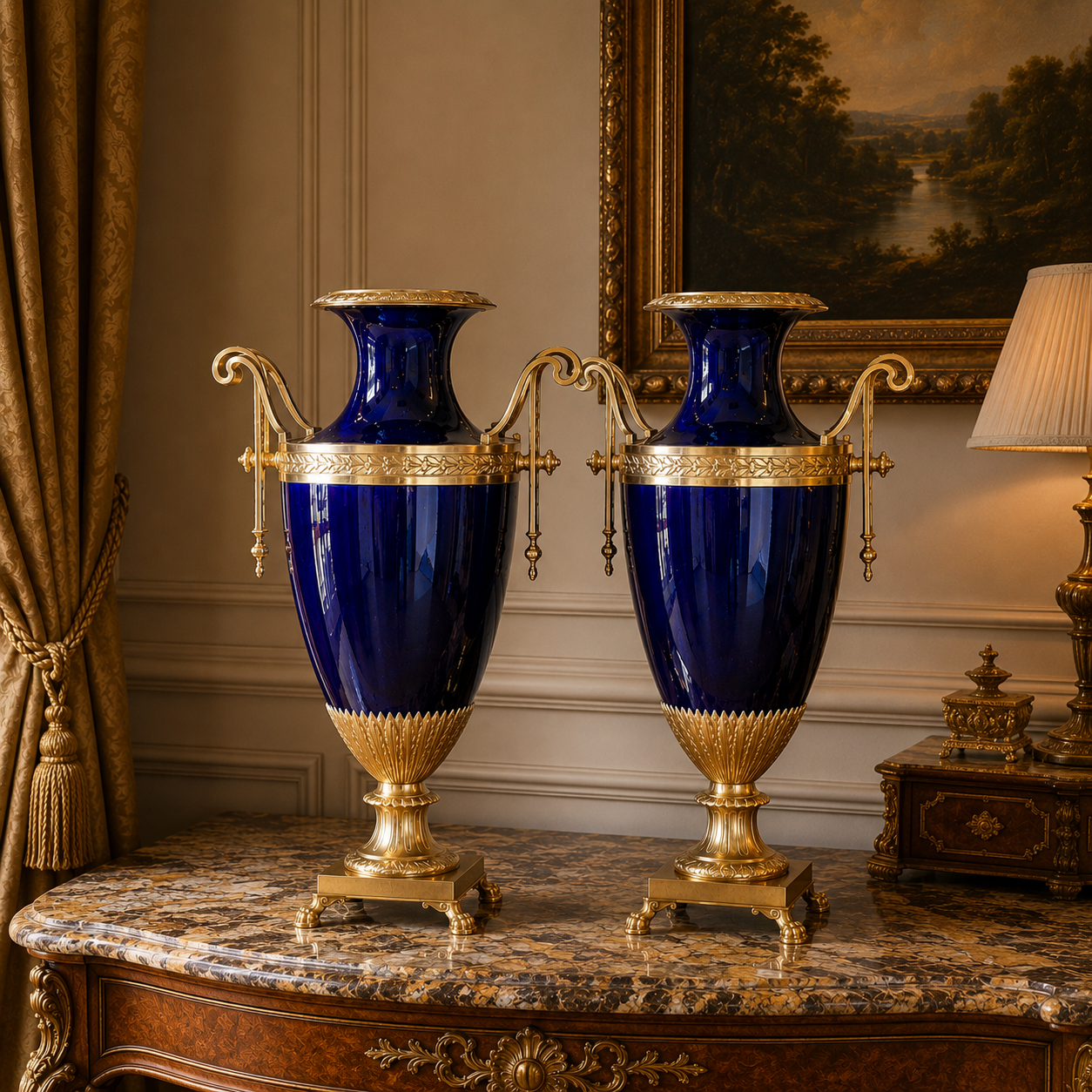 Neo Classical Gilt Bronze and Blue Porcelain Vases