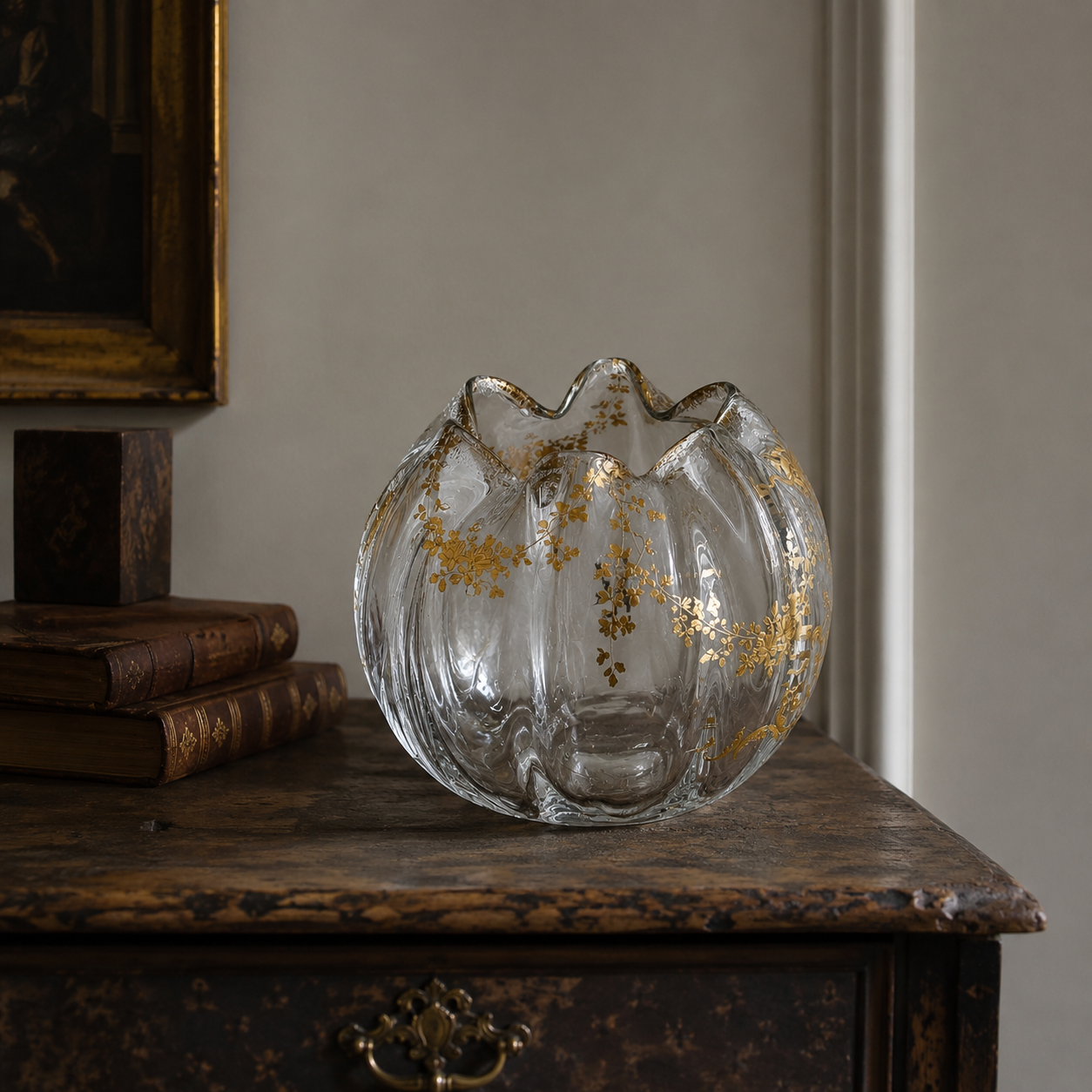 Pinched and Ribbed Gilt Glass Bowl