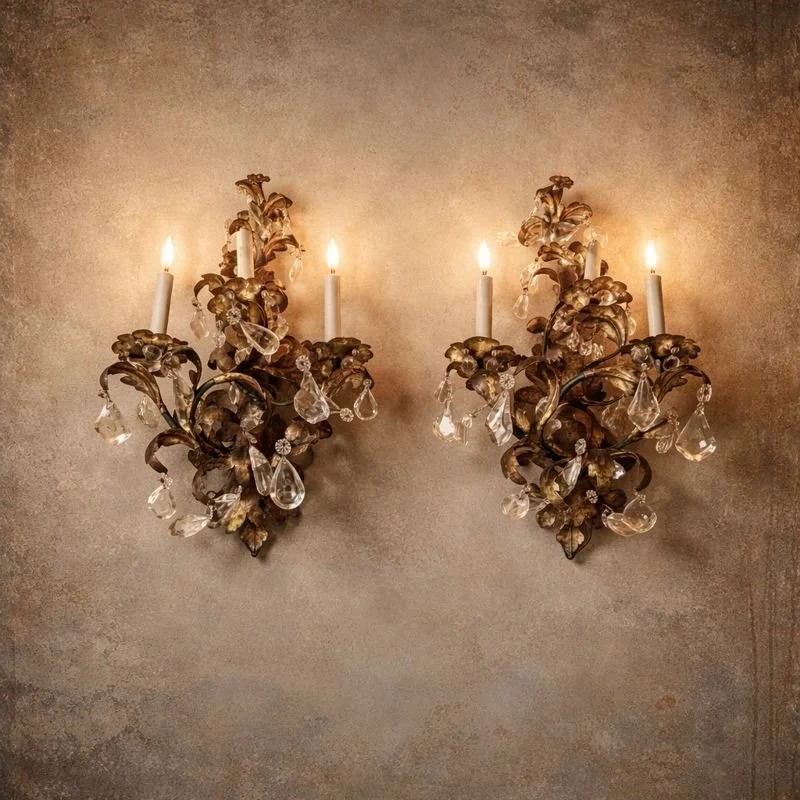 Pair of Gilt Wrought Iron & Glass Drop Wall Lights