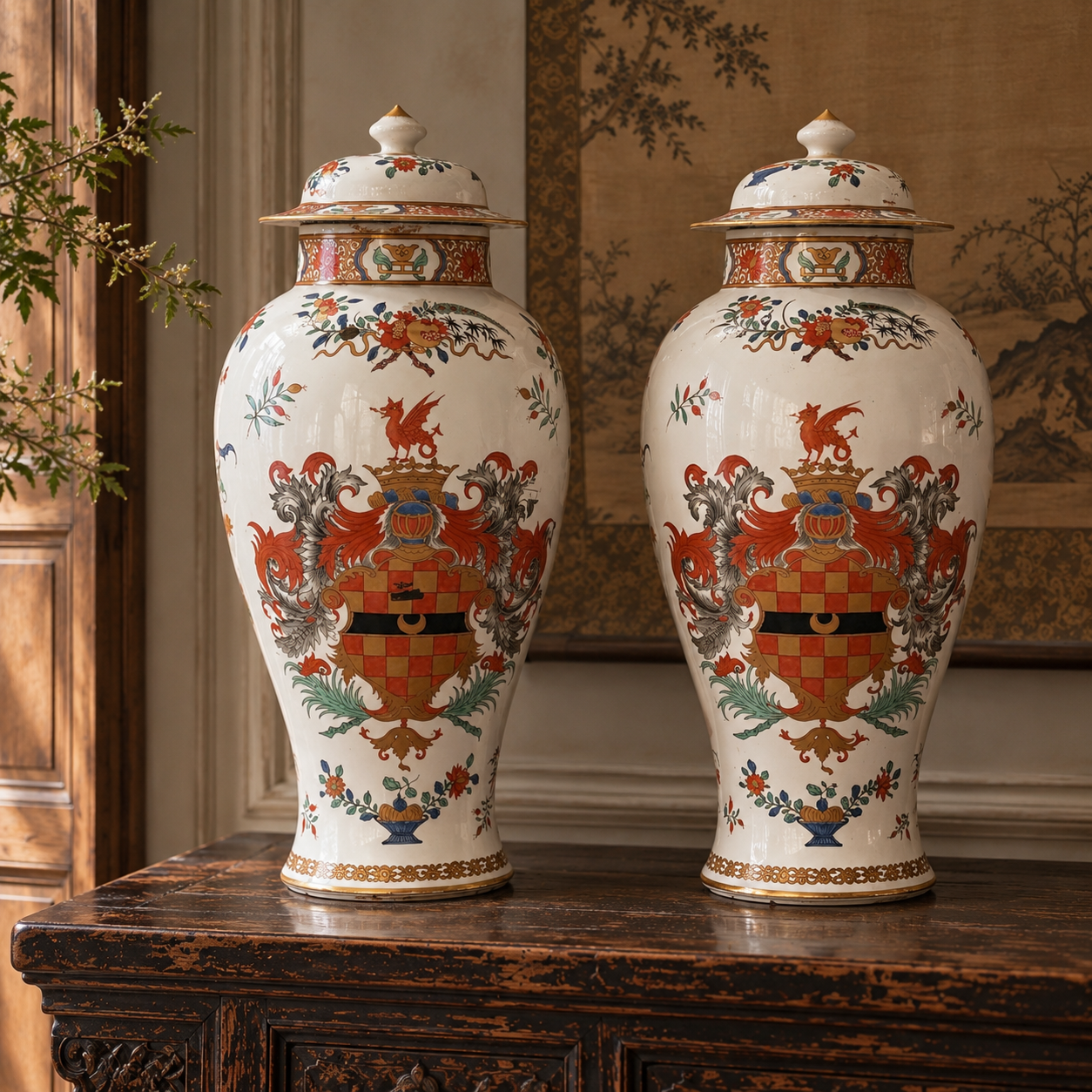 Chinese Armorial Temple Jars & Covers - Pair