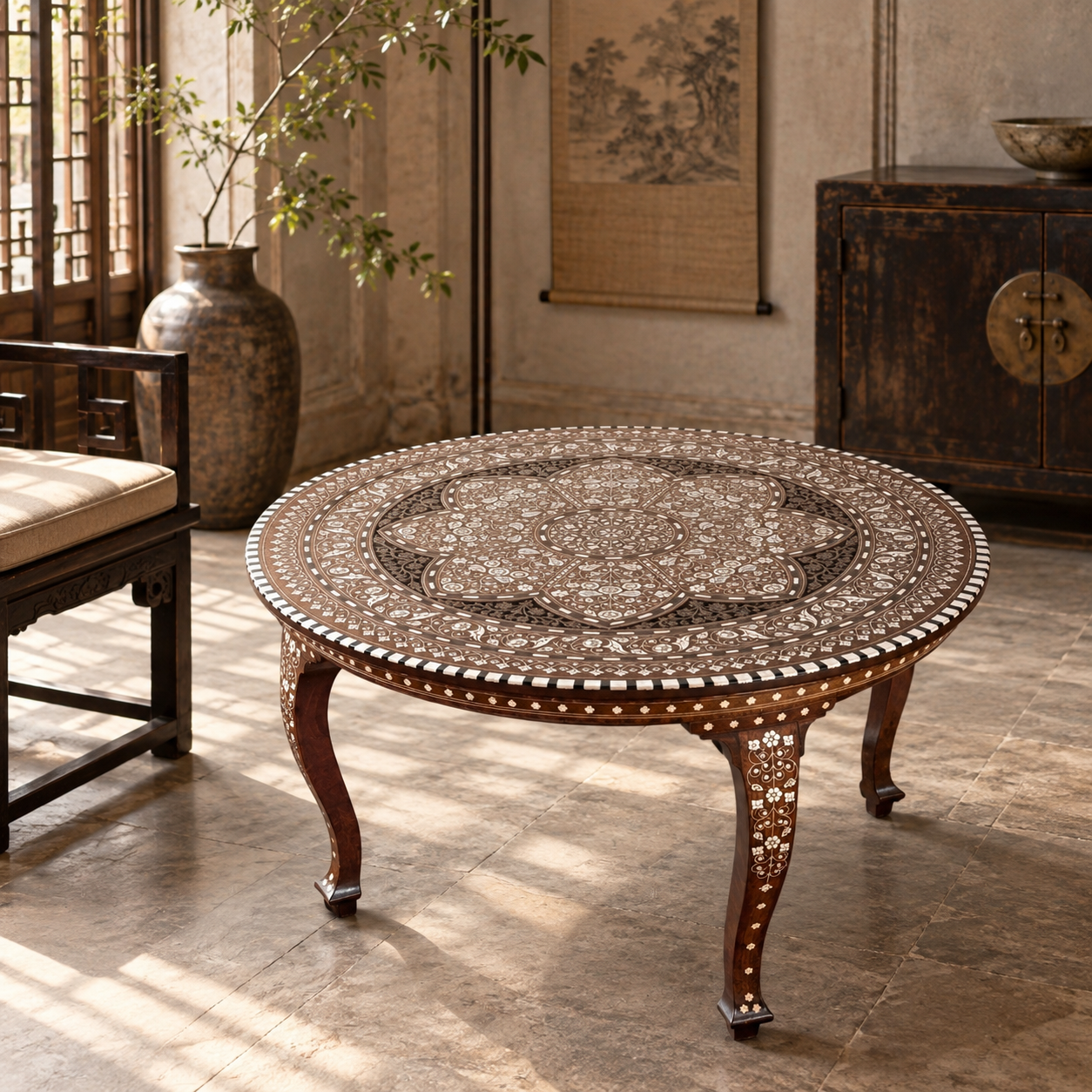 Damascene Walnut Centre Table with Ebony and Bone Inlay