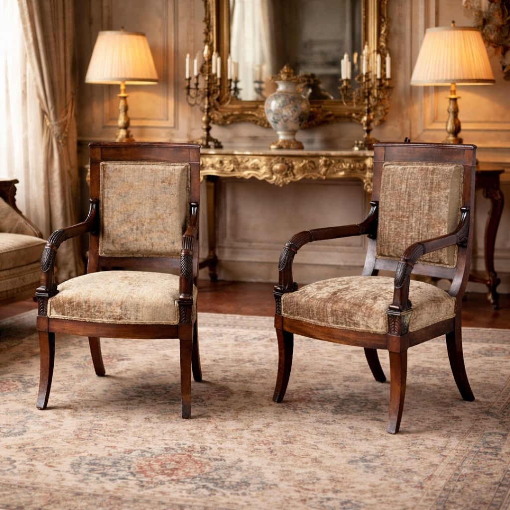 Pair of French Restoration Mahogany Armchairs
