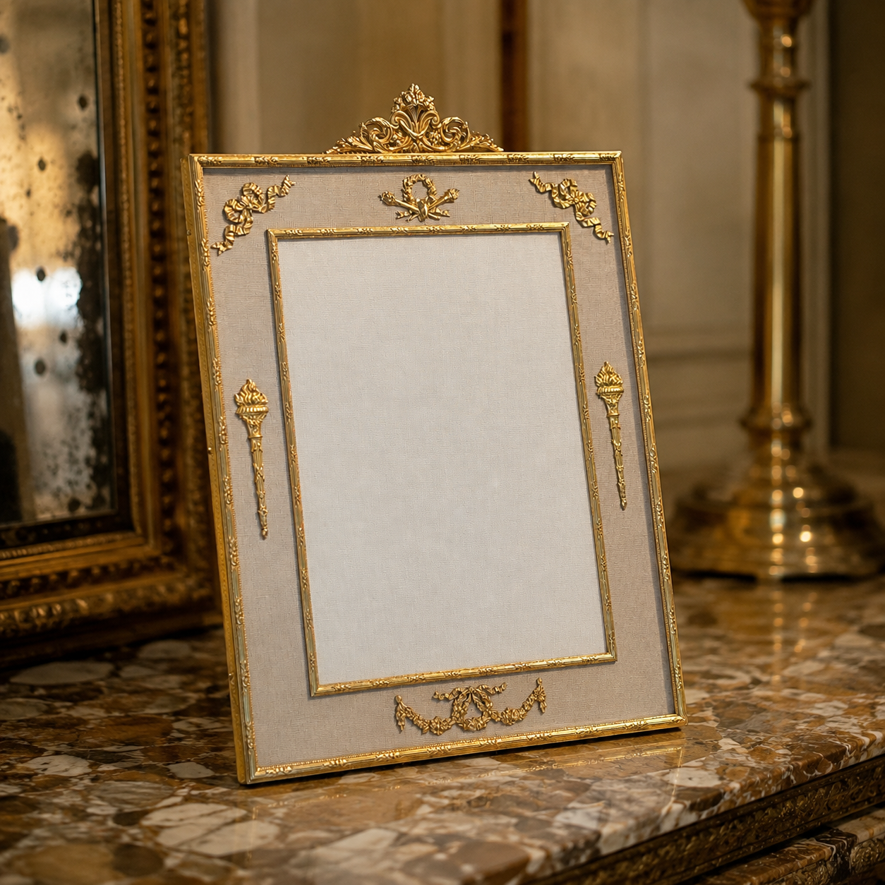 Large Gilt Bronze Rectangular Photo Frame with Floral Crest