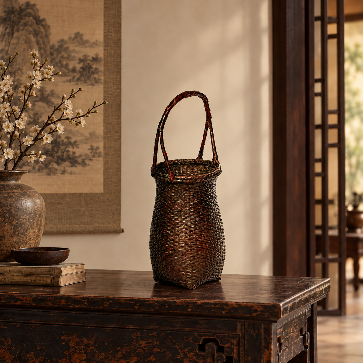 Woven Basket in a Serene Asian Interior.png