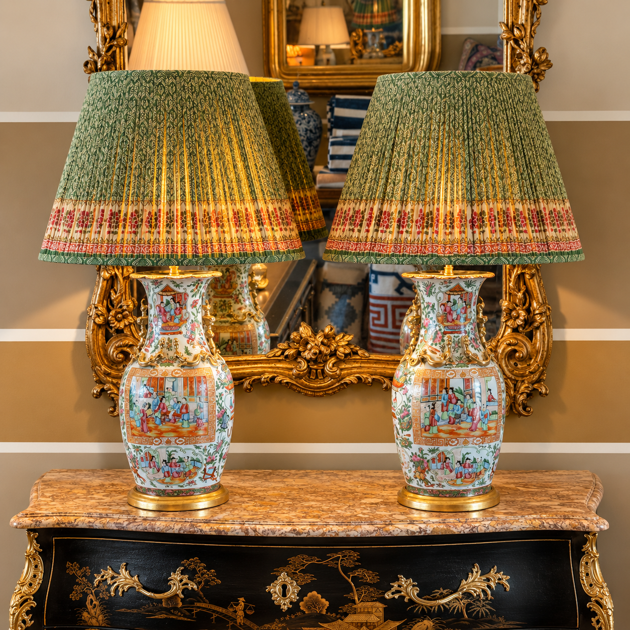 Canton Famile Rose Baluster Vase Lamps - Pair