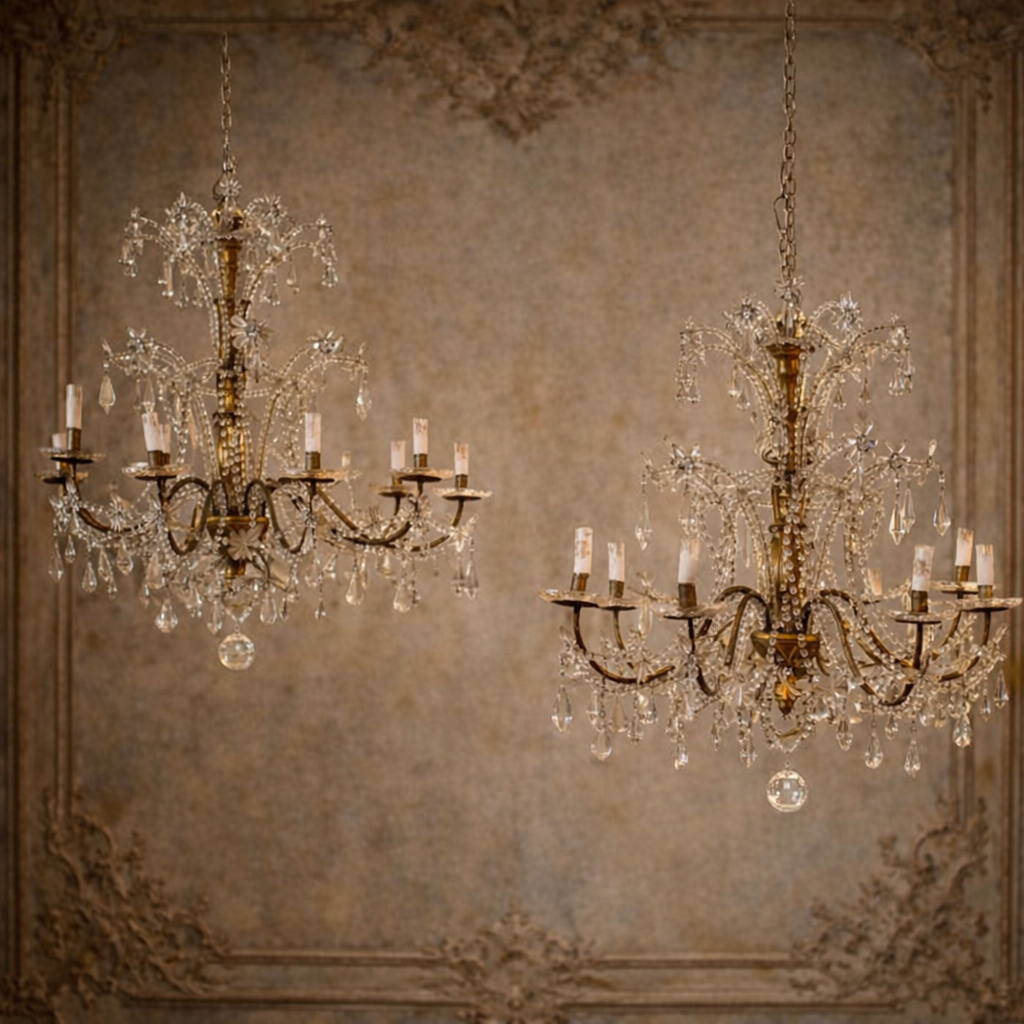 Pair of Glass Drop & Beaded Giltwood 8-light Chandeliers