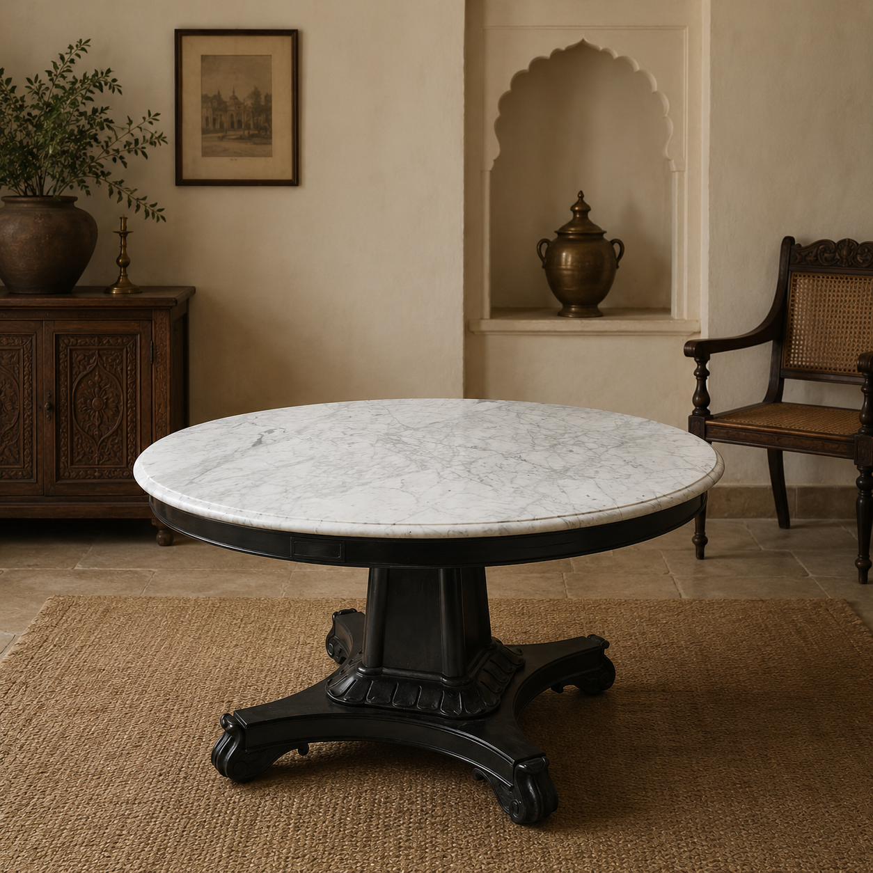 Anglo Indian Ebonised Mahogany and Marble Top Table