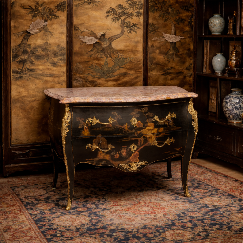 Louis XV Style Bombé Black Laquer Commode & Brocatelle Marble