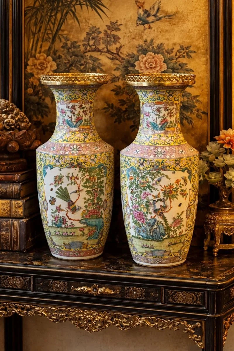 Pair Yellow Ground Chinese Porcelain Vases