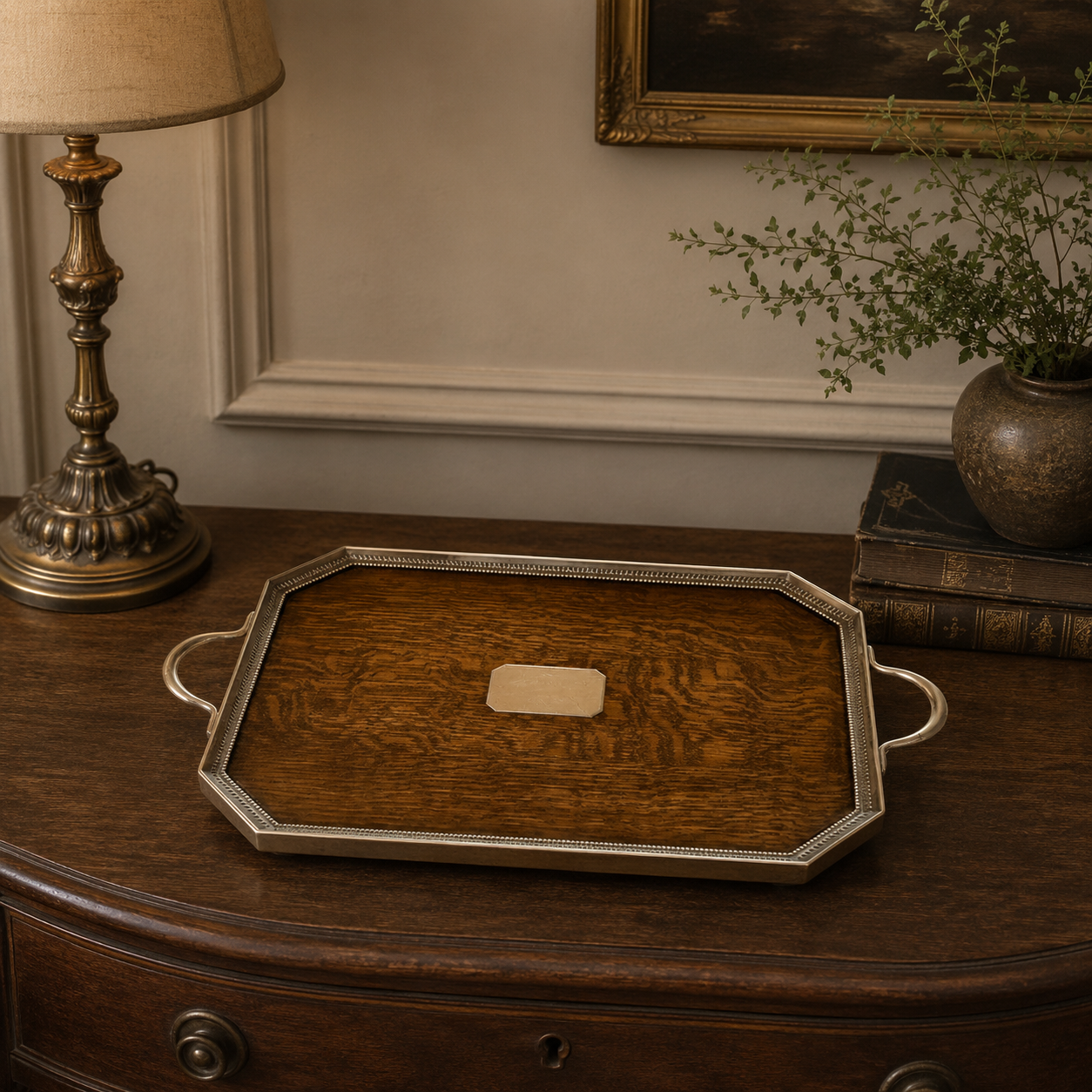 Oak and Silver Plate Tray