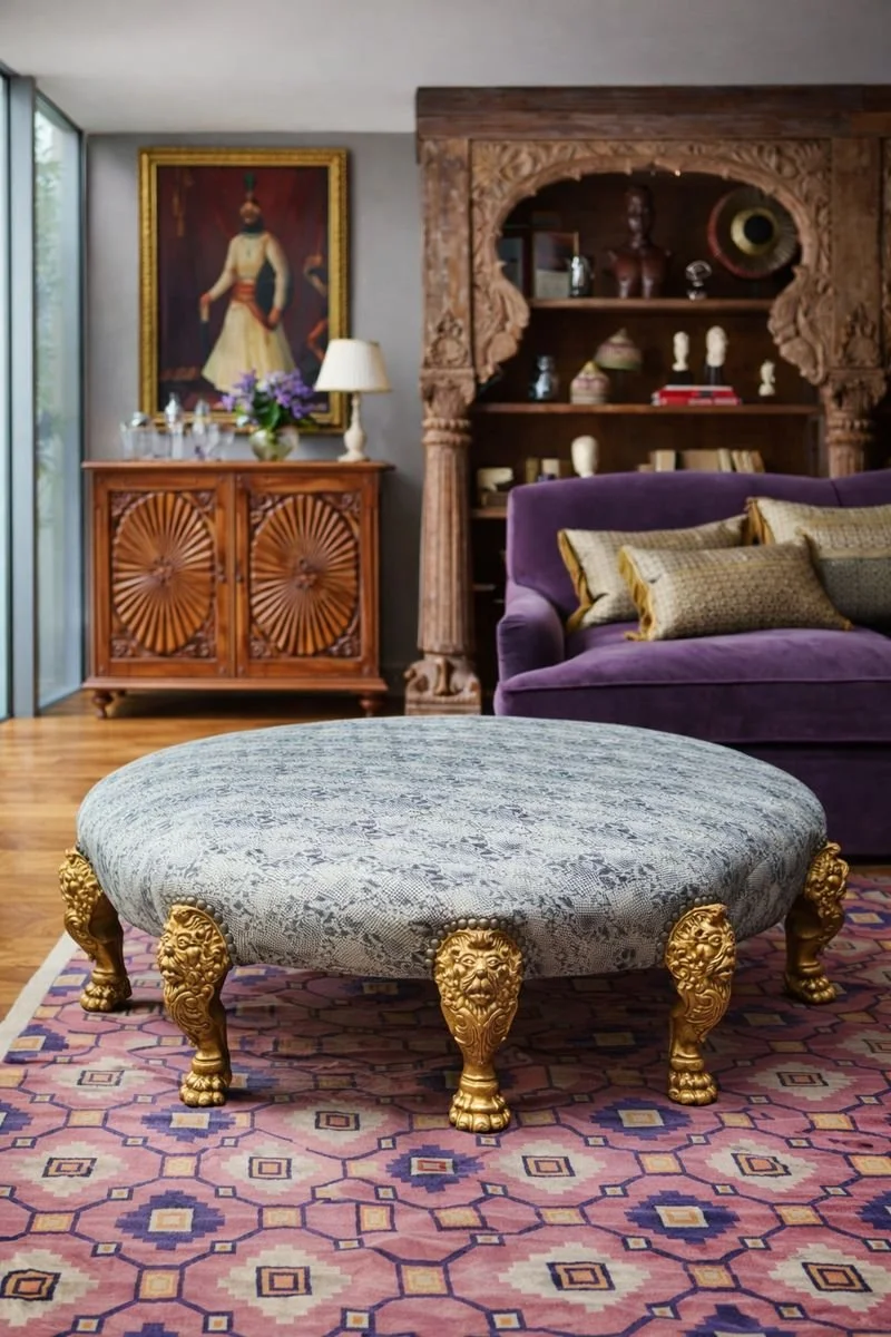 Large Octagonal Giltwood Upholstered Stool