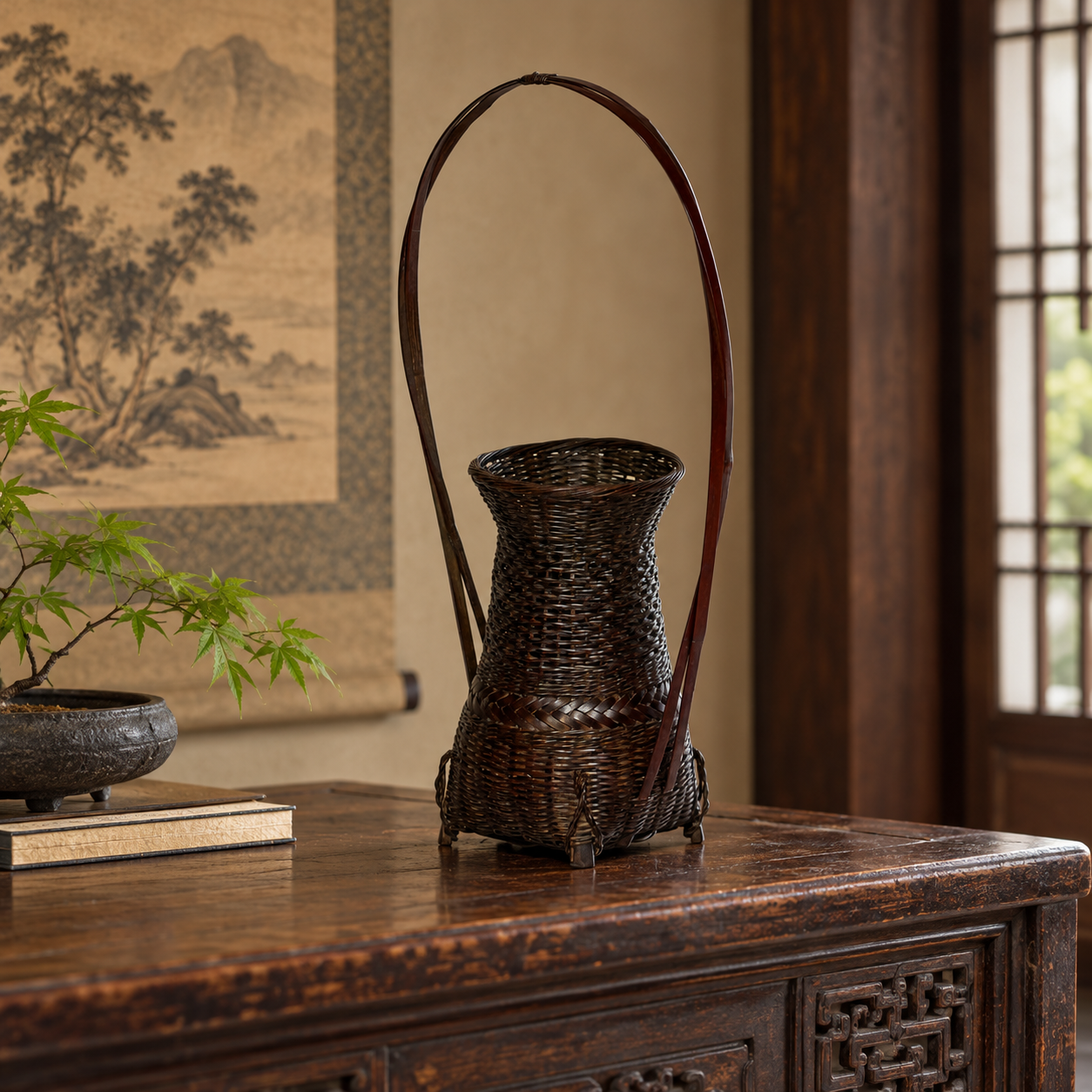 Antique Woven Basket in a Serene Asian Interior.png