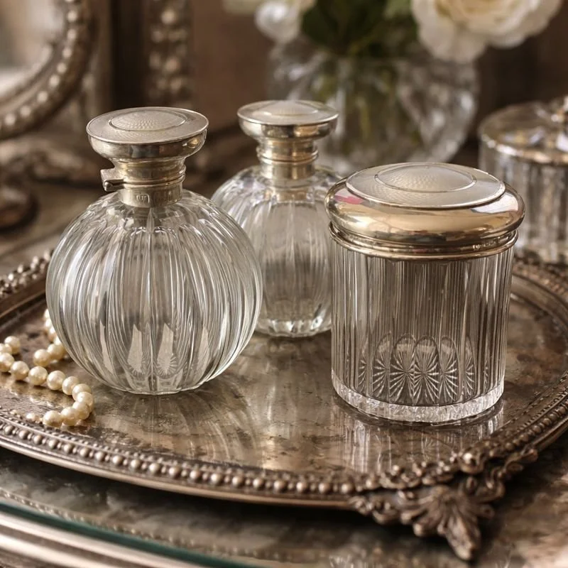 Pair of Silver & Glass Perfume Bottles & Powder Pot