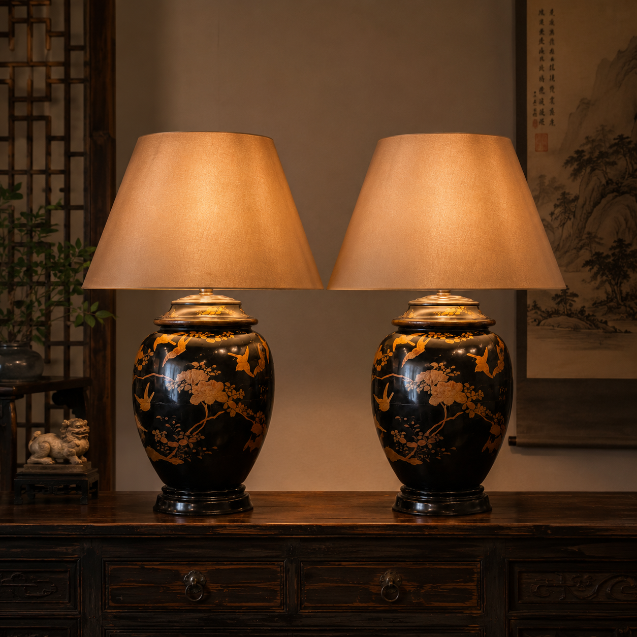 Japanese Black Lacquer Temple Jars - Pair