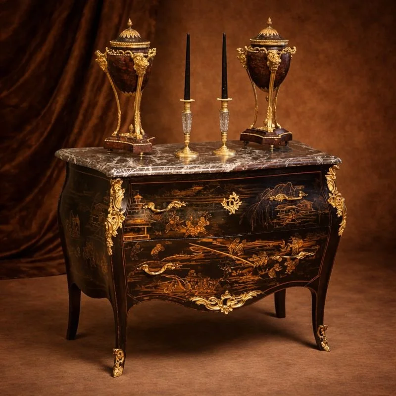 Louis XV Style Bombé Black Laquer Commode & Rosso Levanto Marble