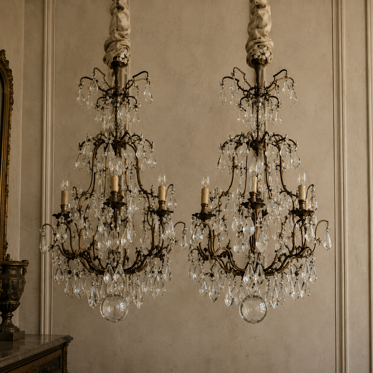 Rock Crystal and Bronze Birdcage Chandeliers - Pair