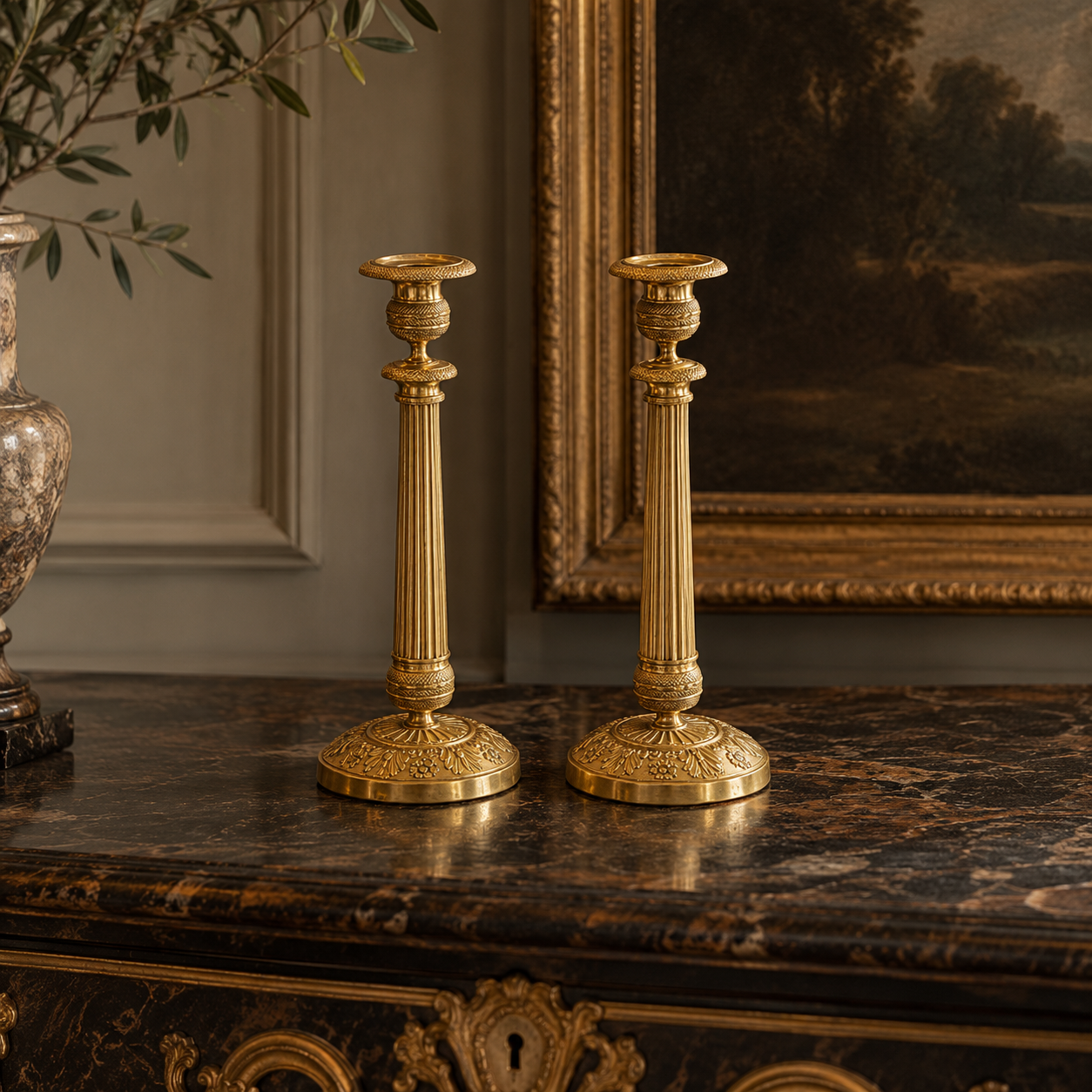French Empire-style Gilt Bronze Candlesticks - Pair