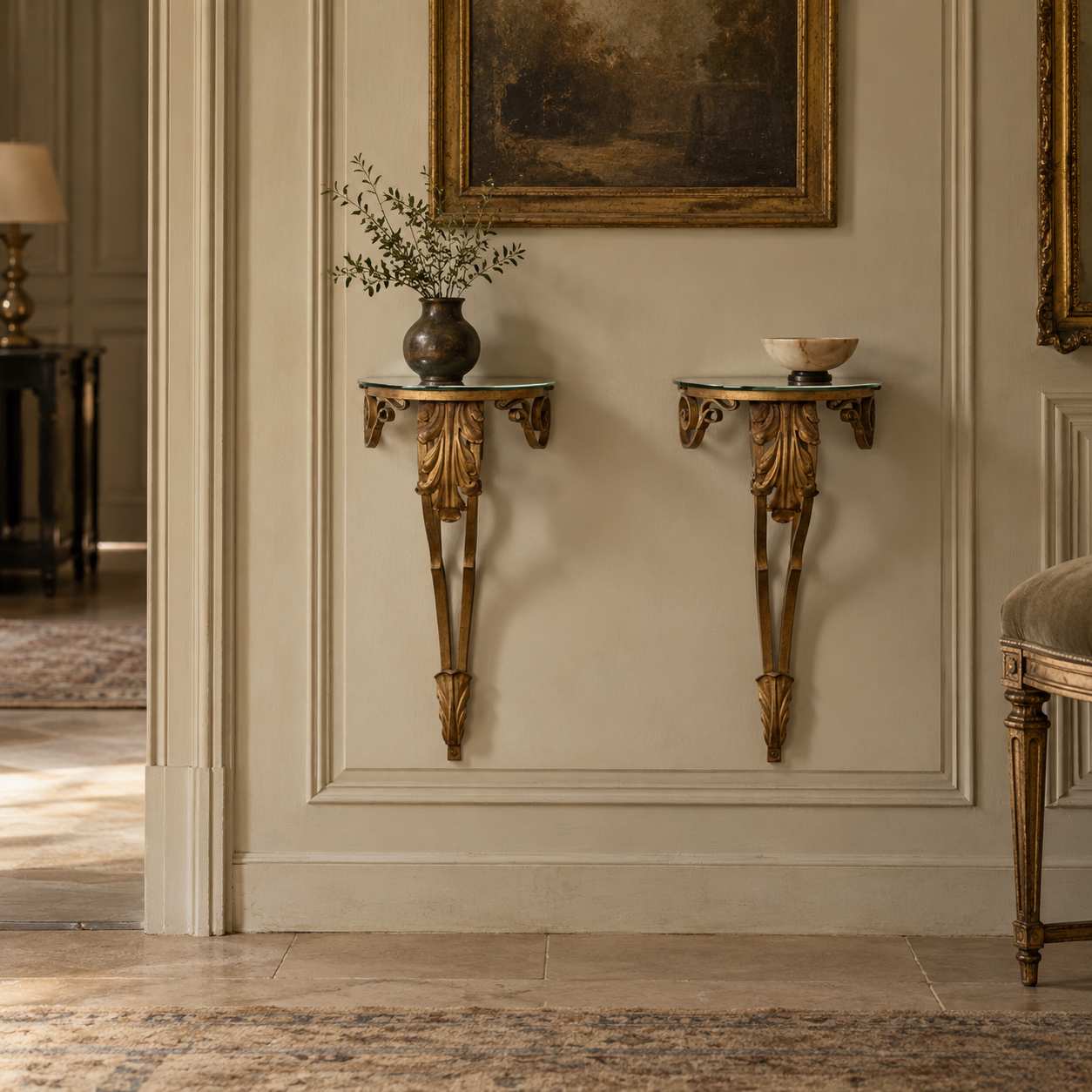 Wrought Iron Wall Consoles with Glass Tops - Pair