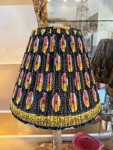 Vintage Gathered Sari Lampshades in Black Floral - Pair