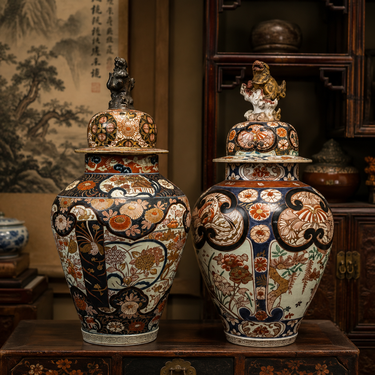 Matched Pair of Imari Temple Jars and Covers