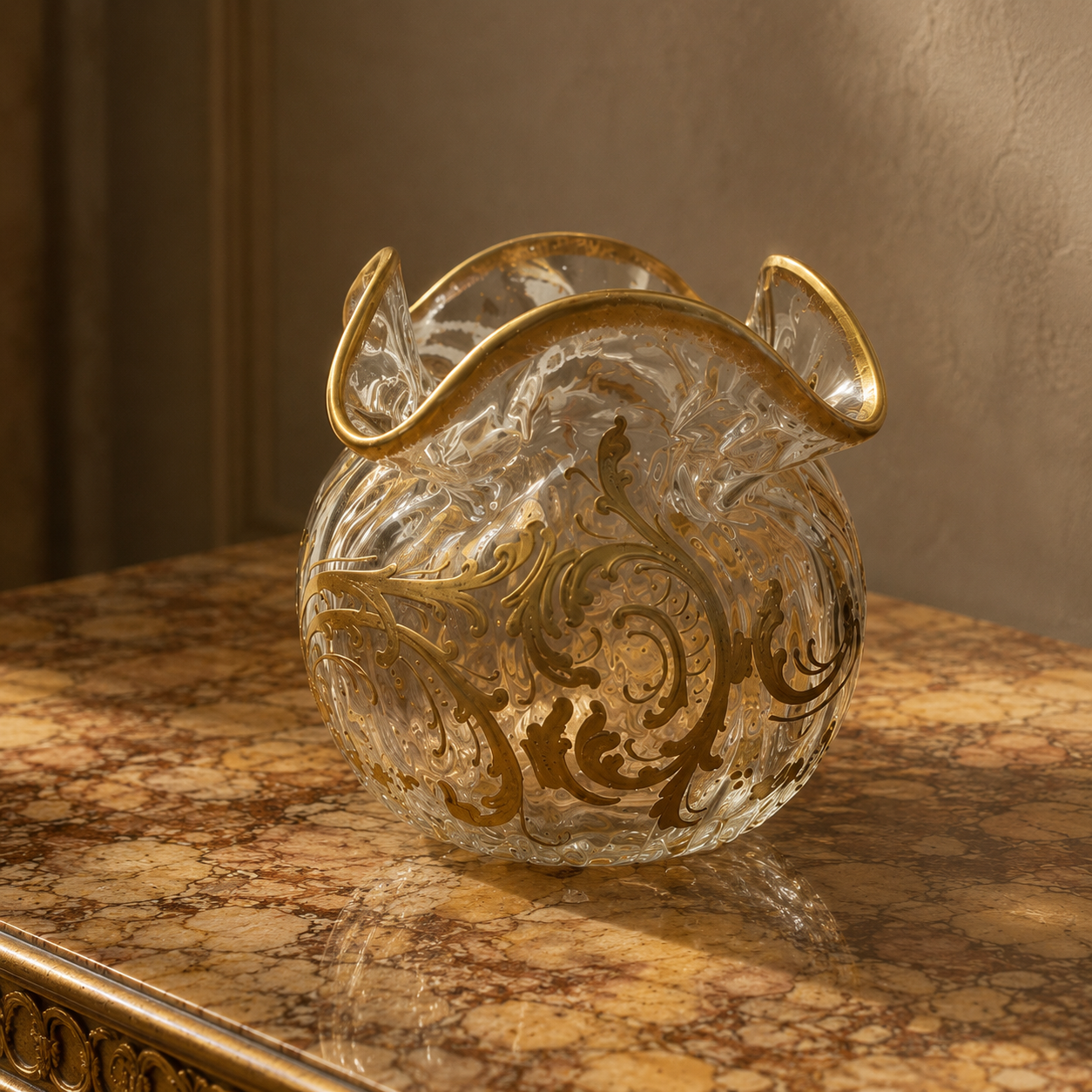 Pinched and Ribbed Glass Gilt Bowl
