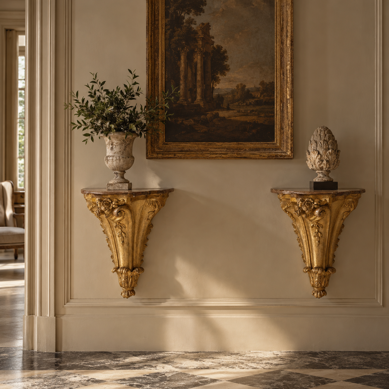 Italian Carved Giltwood Wall Mounted Consoles - Pair
