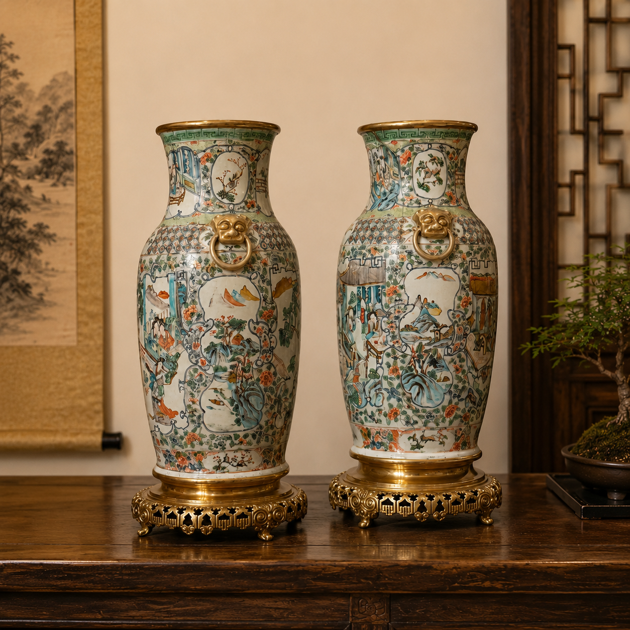 Canton Polychrome Baluster Vases - Pair