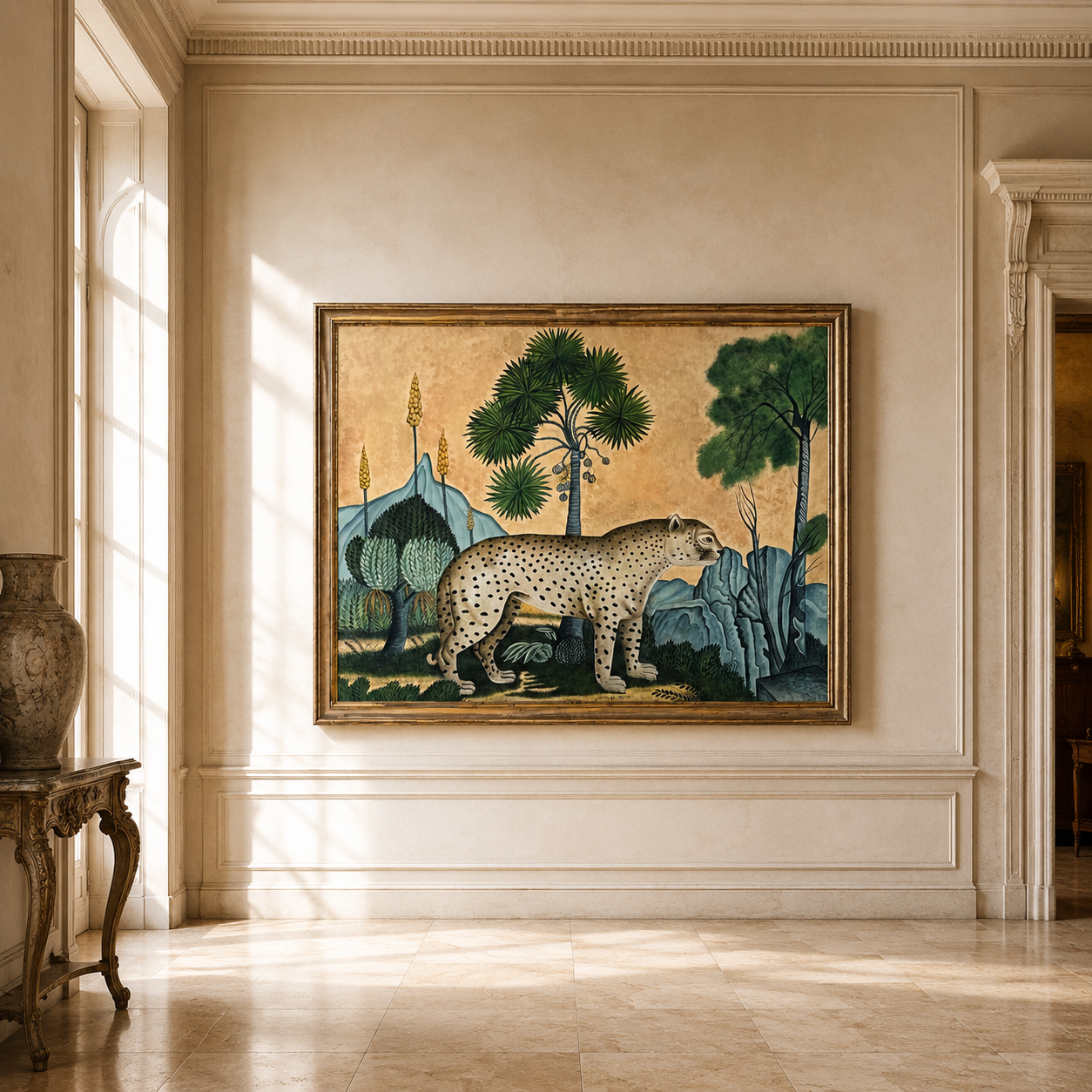 Antiqued Painting of Leopard with Exotic Plants