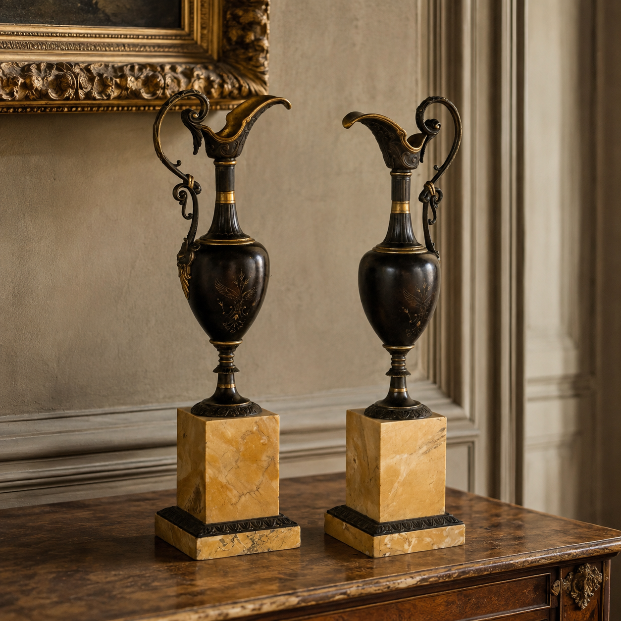 Patinated Bronze Ewers on Marble Bases - Pair