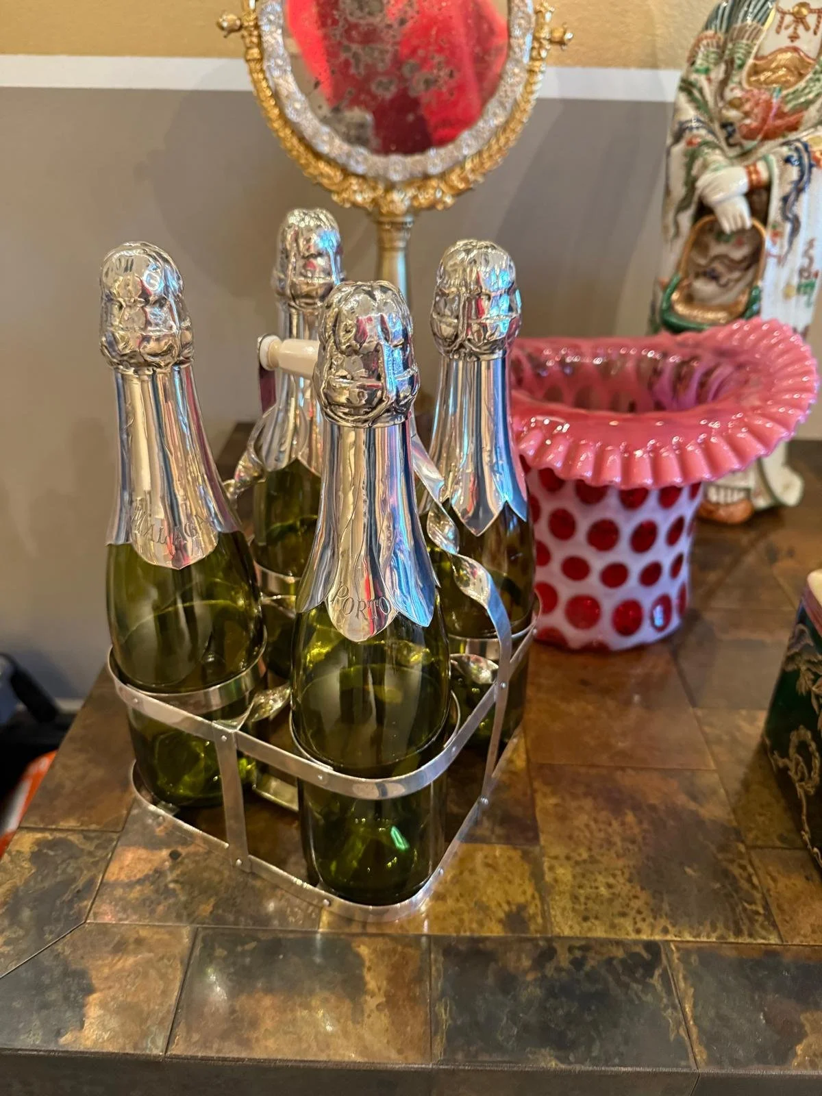 Set 4 Green Glass Champagne Shaped Bottles