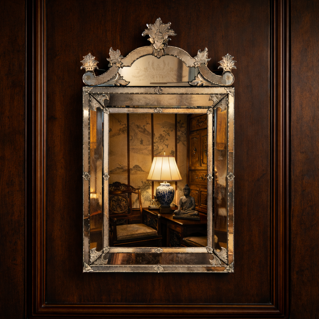 Large Venetian Cushion Mirror with Crested Top