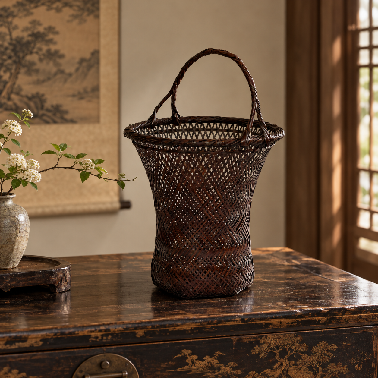 Antique Basket in a Serene Asian Interior.png