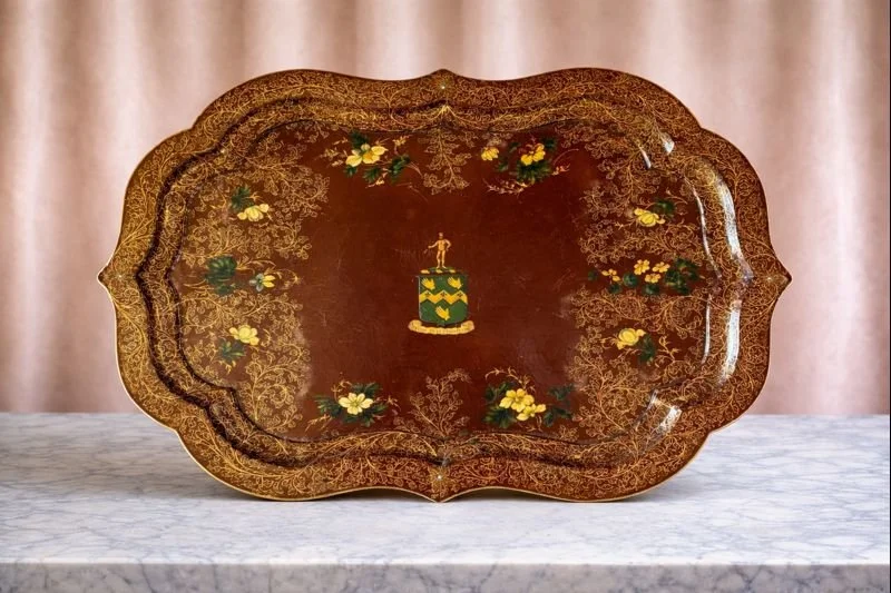 Shaped Burgundy Ground Papier Mache Tray - English