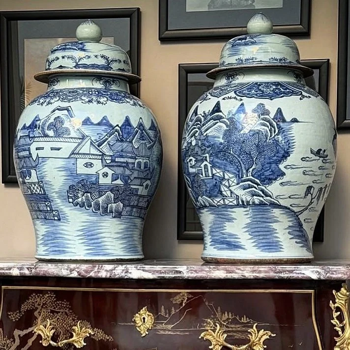 Pair Large Blue and White Porcelain Temple Jars