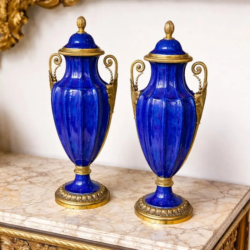 Pair of Sevres Blue Porcelain & Gilt Bronze Mount Urns