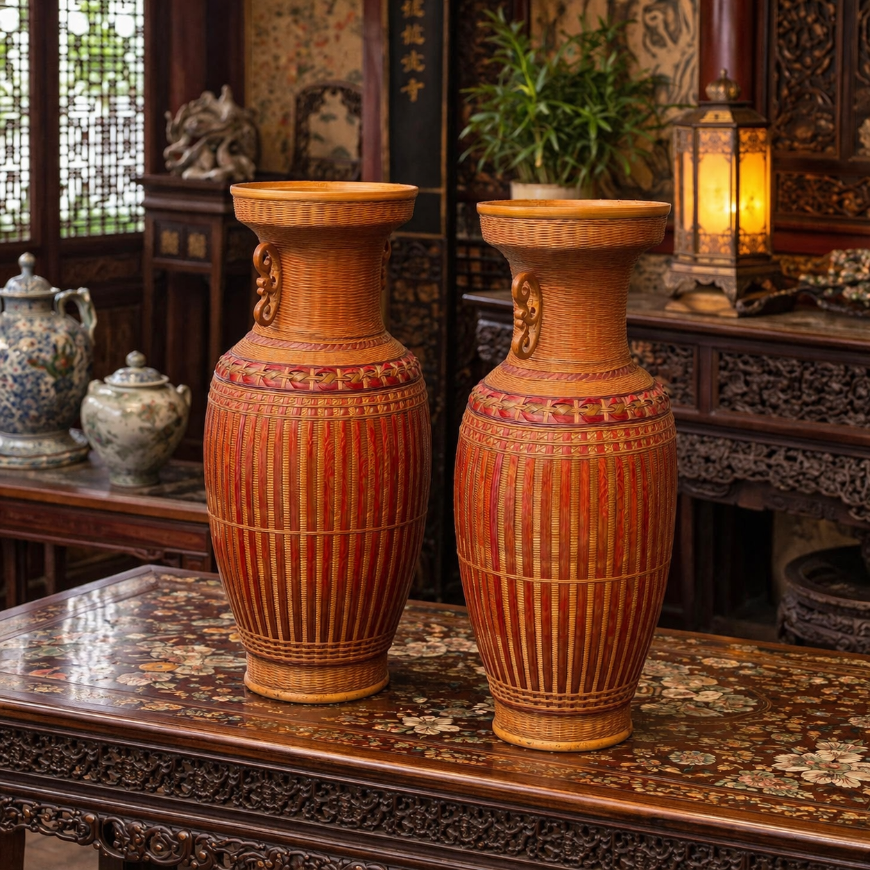 Pair of Chinese Porcelain and Wicker Vases