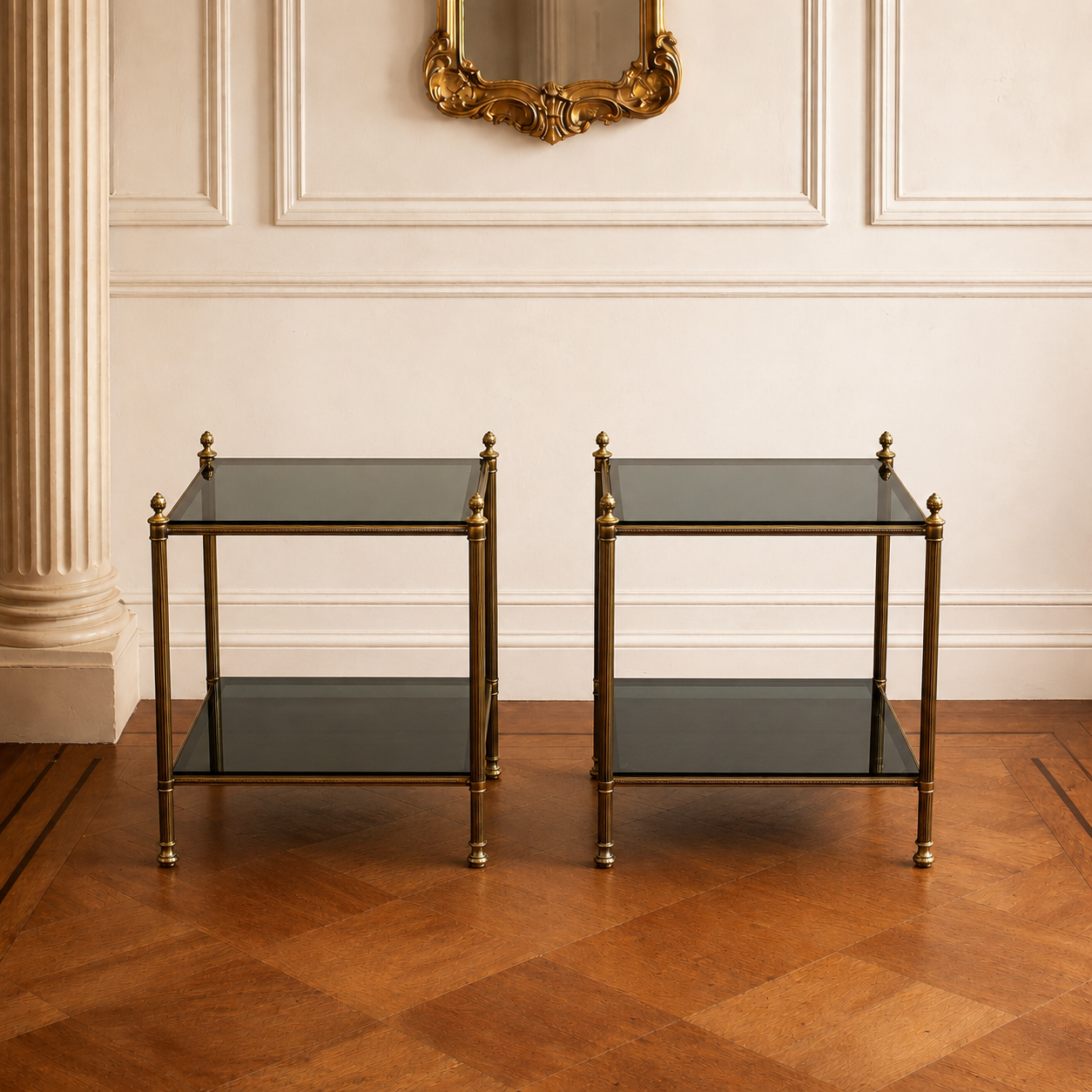 Pair of Glass Maison Jansen Bronze Side Tables