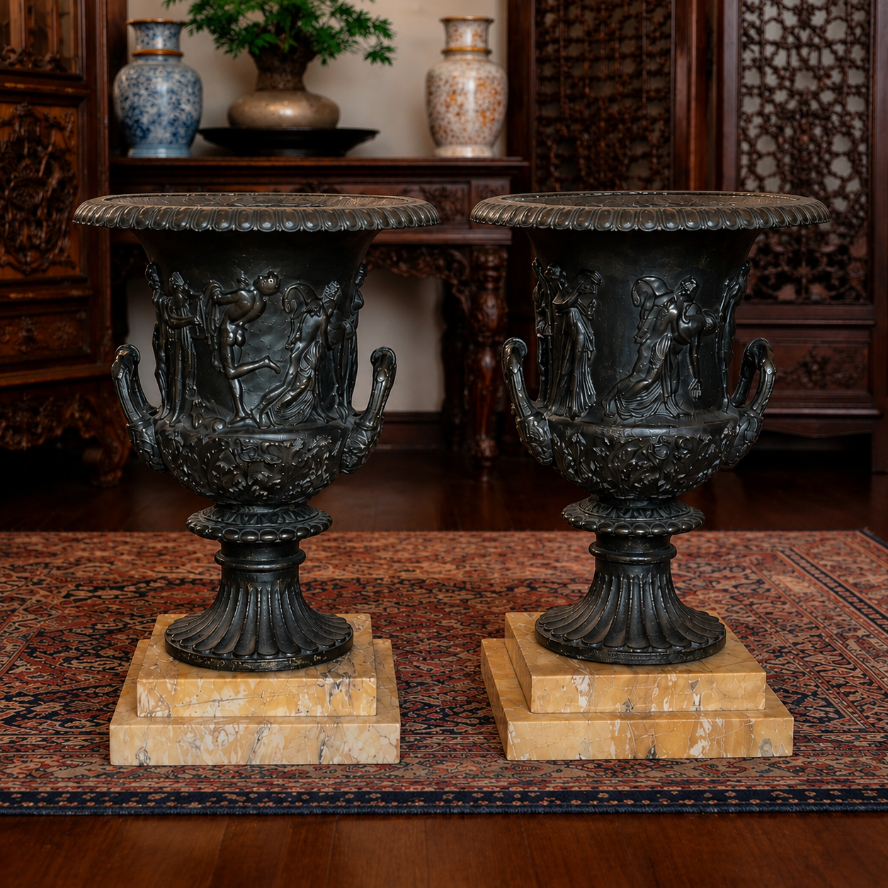 Pair of Cast Iron Urns