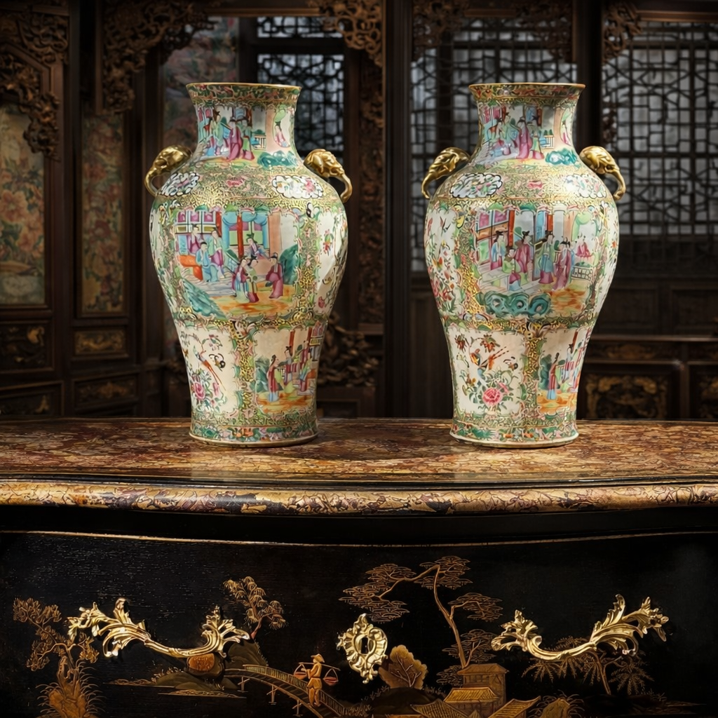 Pair of Chinese Famille Rose Vases