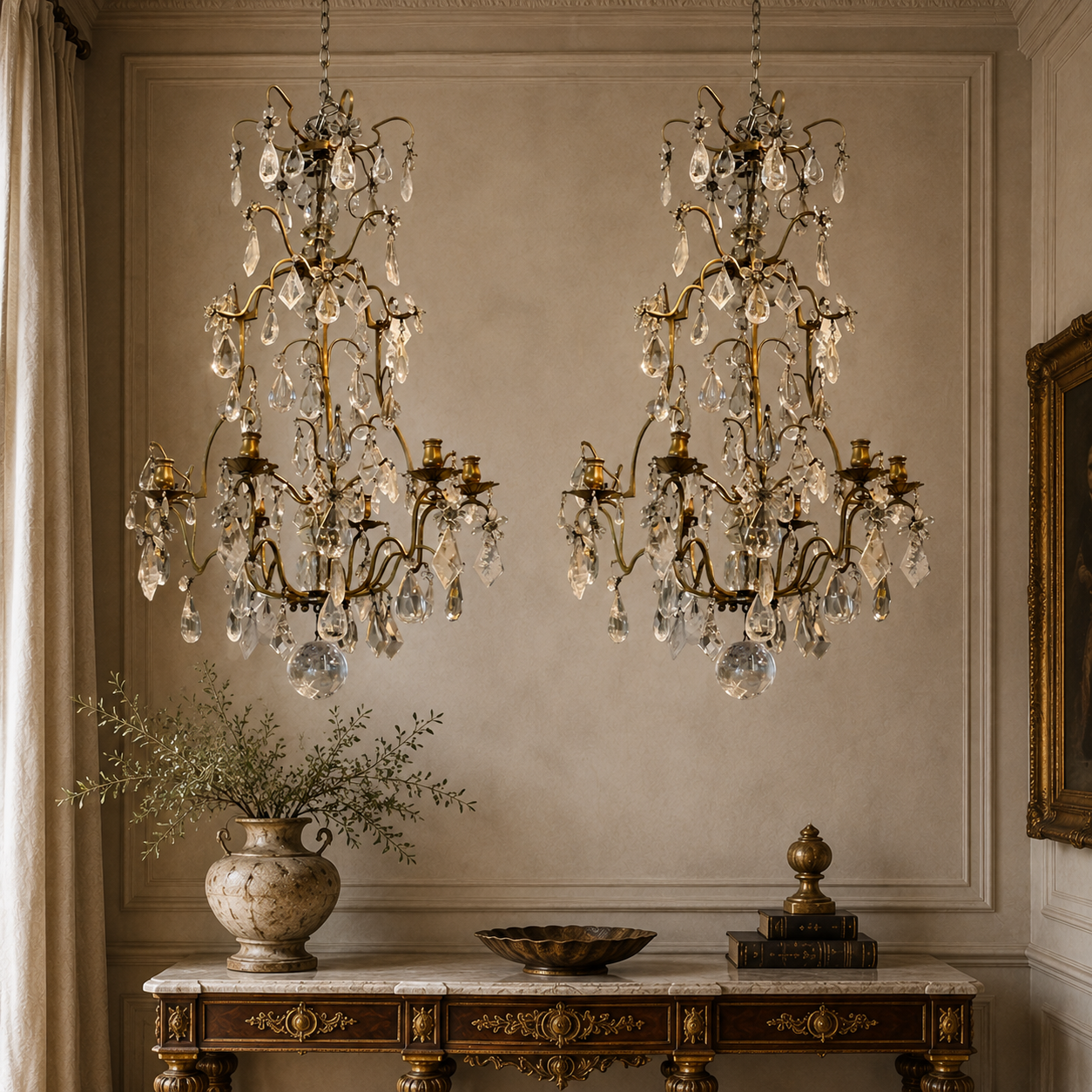Rock Crystal and Bronze Birdcage Chandeliers - Pair