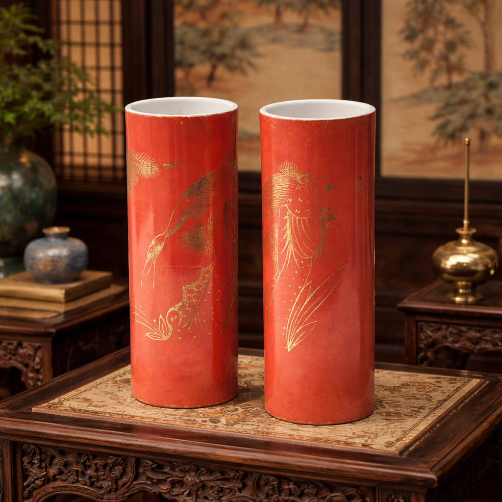 Pair of Chineses Orange Glaze Cylindrical Vases