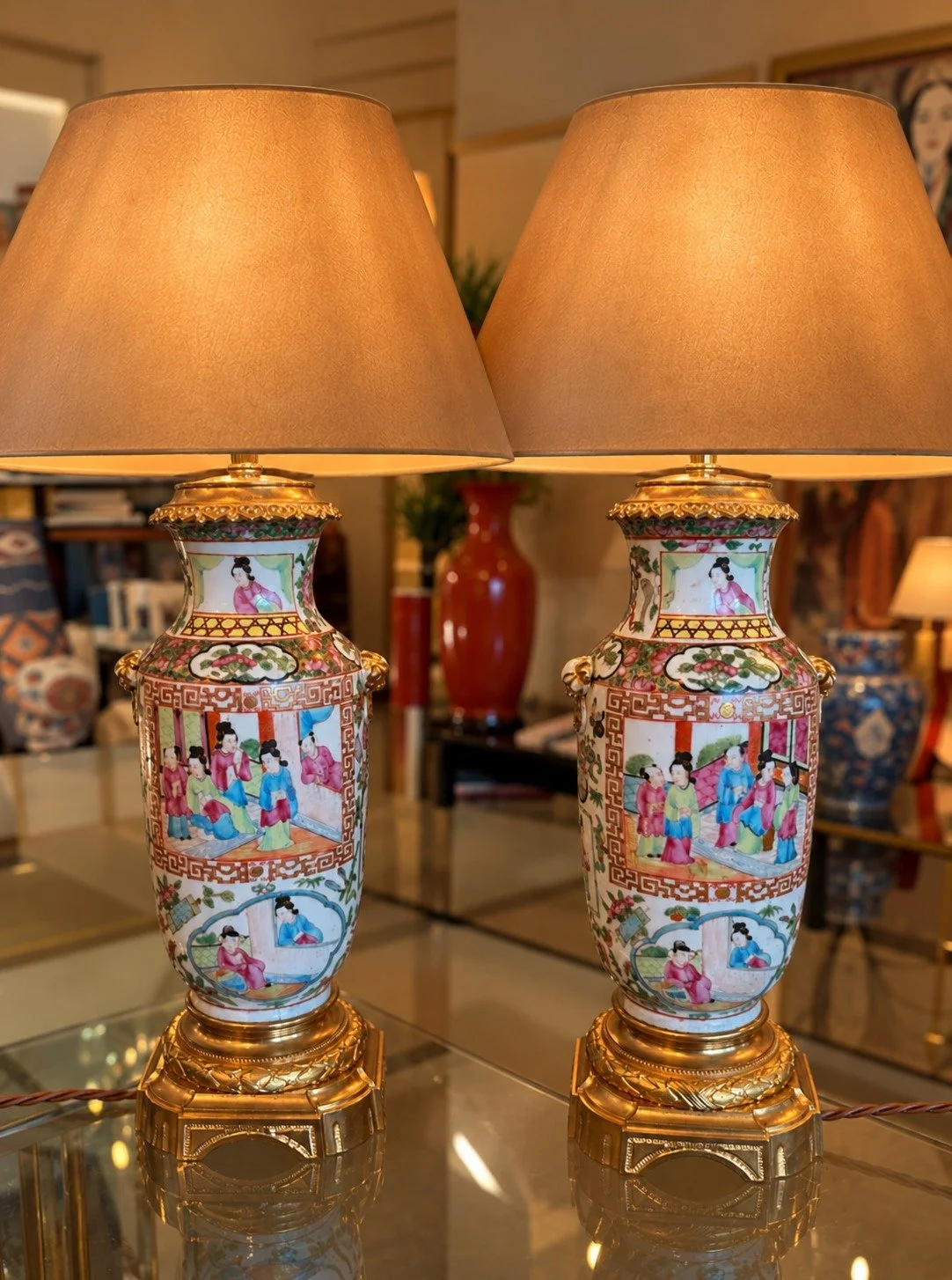 Pair of Chinese Famille Rose Lamps