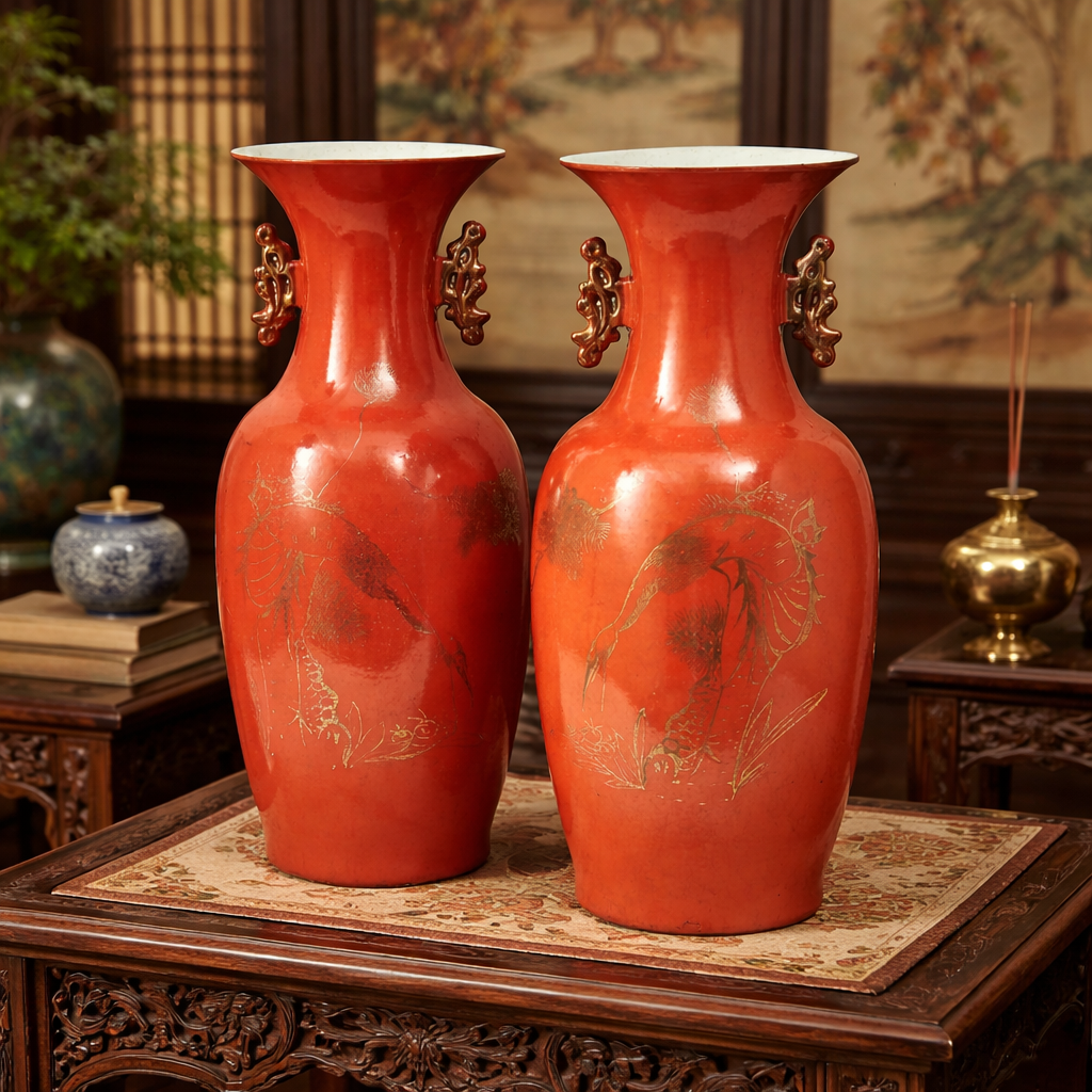 Pair Chinese Orange Glaze Vases