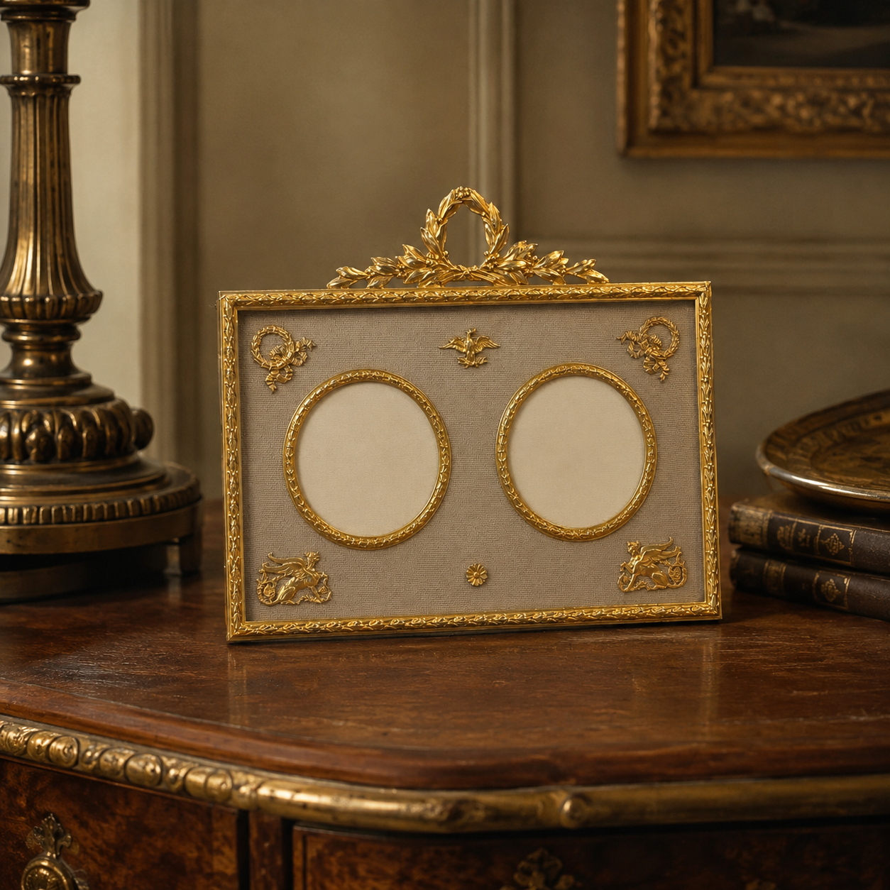 Rectangular Double Photo Frame with Laurel Crest