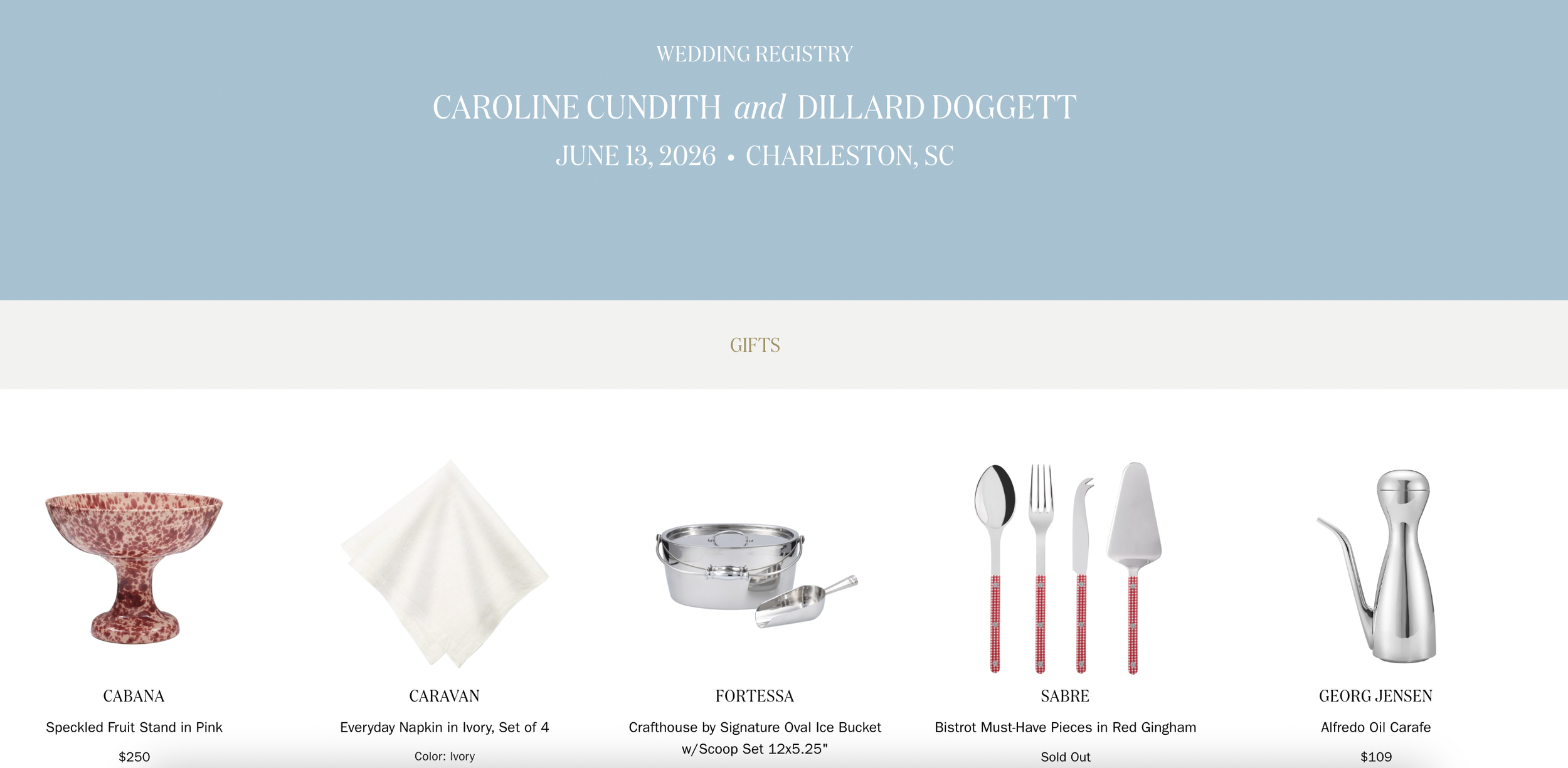 Online wedding registry page featuring gifts including a speckled pink fruit stand, ivory napkin set, crafthouse ice bucket, red gingham utensil set, and an Alfredo oil carafe.