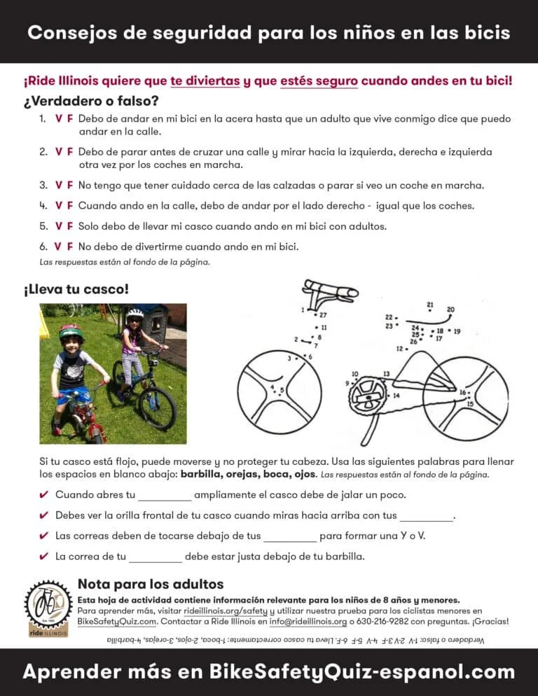 An image of Ride Illinois' Spanish Version of the Bike Safety Tips for Children including True or False Questions and additional graphics and questions.